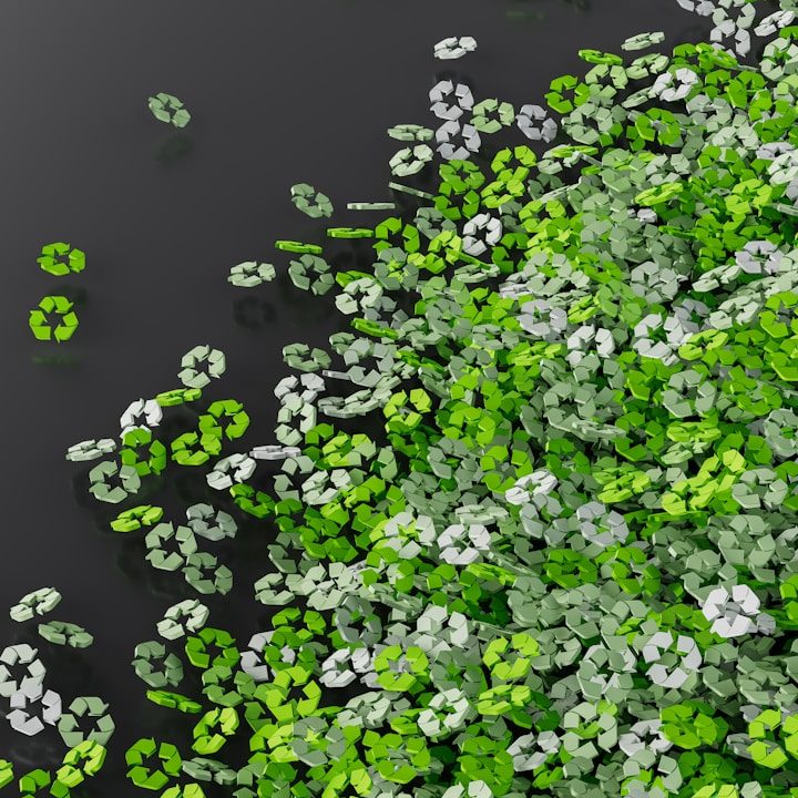 A dense cluster of small green and white recycle icons on a dark background.